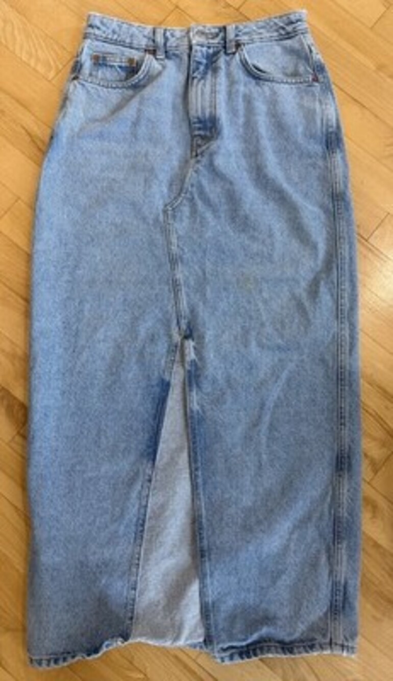 Mango MNG Womens Light Wash Denim Maxi Skirt S-Front Slit High Waist Jean Skirt